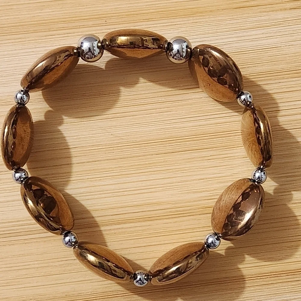 Hand Crafted Bracelet Stretch  Copper Silver Non-tarnish Stainless Steel Beads